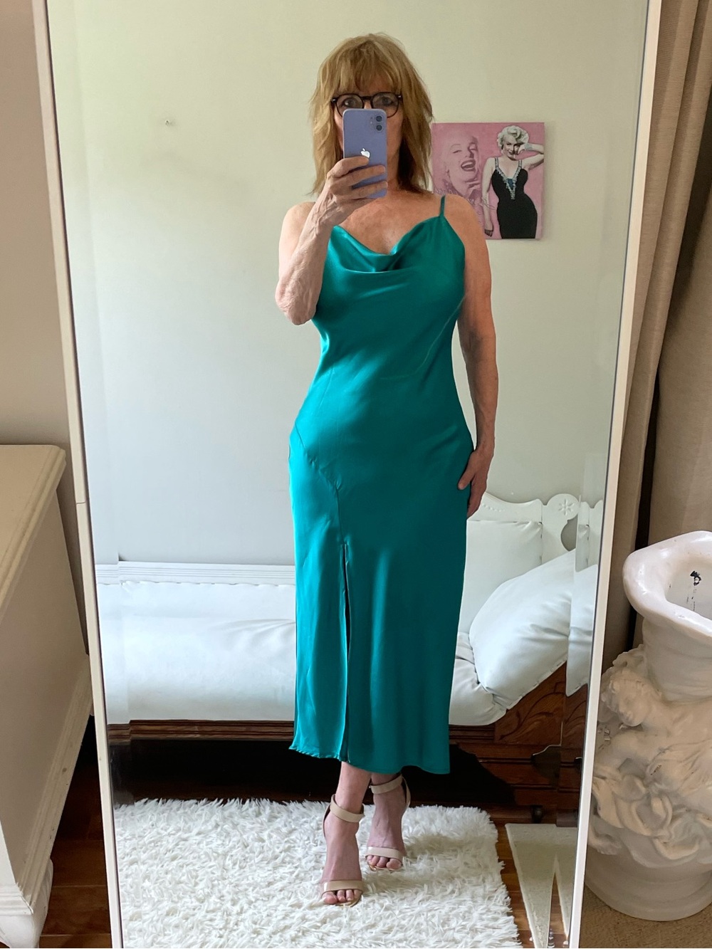 PAPER HEART TEAL PEACOCK GREEN SLIP DRESS MIDI SIDE SLIT STRAPS COWL NECK